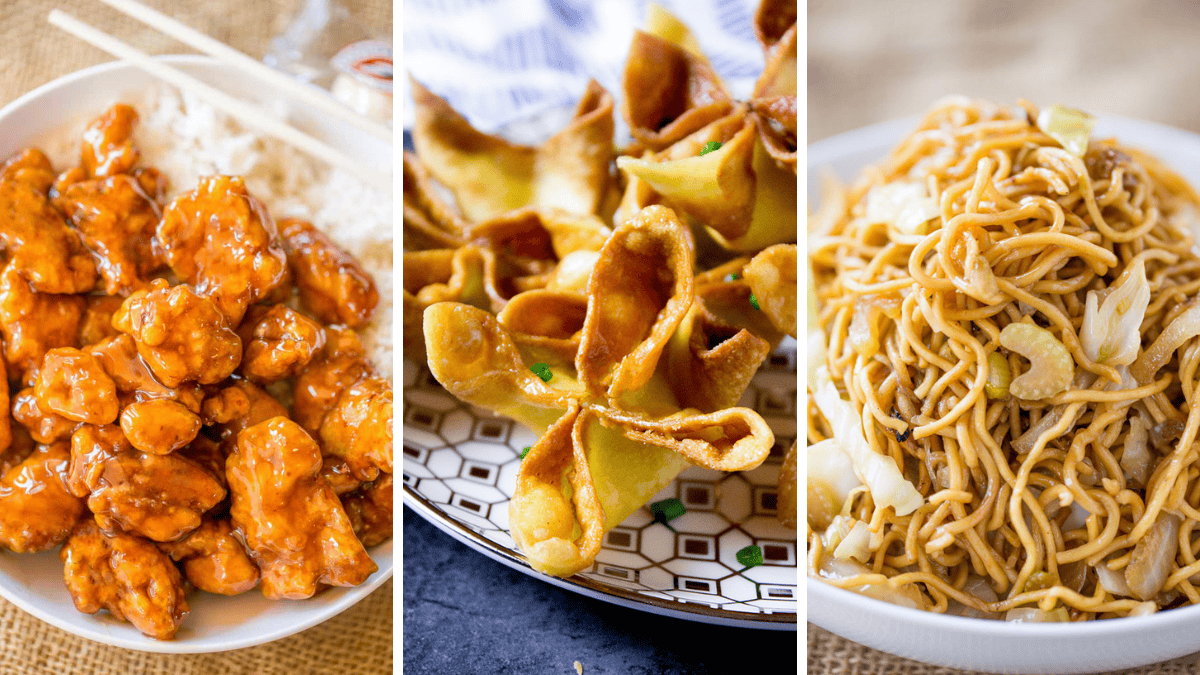 Photo collage of three Panda Express copycat recipes, orange chicken, crab rangoon, and chow mein. 