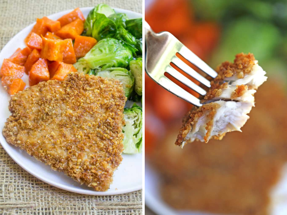 collage of plated meal and piece of fish on a fork