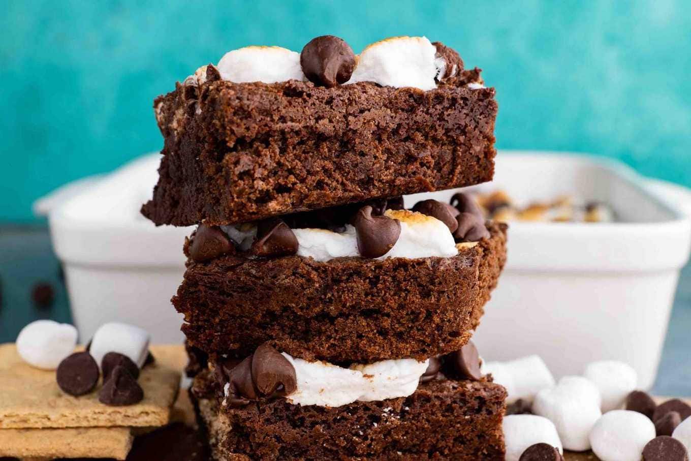 S'mores Brownies stacked on cutting board