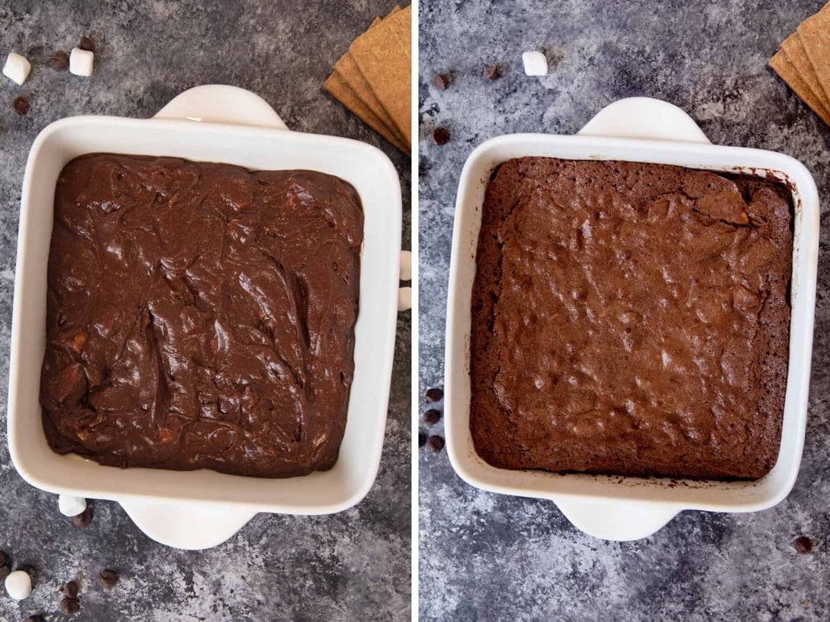 S'mores Brownies collage of brownie batter before and after baking