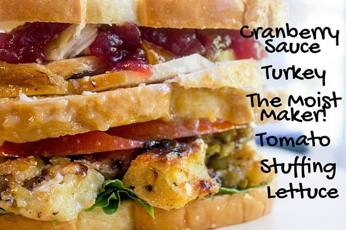 Ross Geller's legendary Turkey Moist Maker Sandwich in all its glory. Turkey breast, stuffing, cranberry sauce and the important moist maker layer, this is the sandwich of your dreams. 