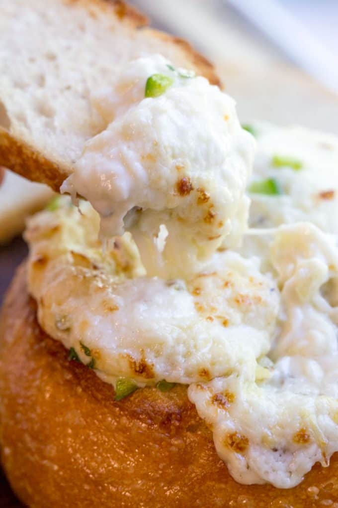 Artichoke Dip baked in bread bowl