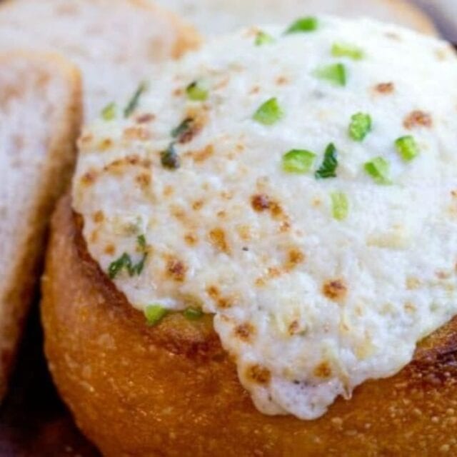Cheesy Dip baked in bread bowl