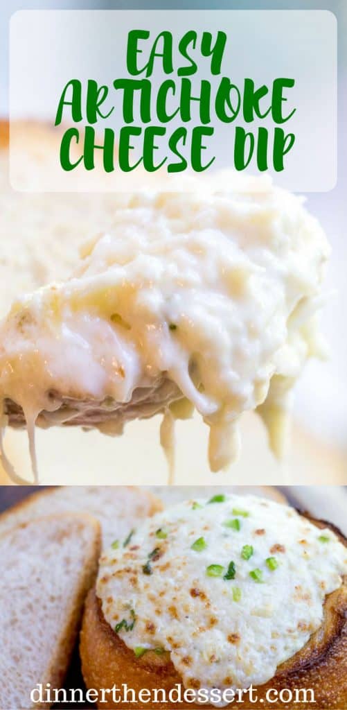 Artichoke Cheese Dip takes five minutes of prep and full of artichokes, Parmesan and cream cheese that is baked in a bread bowl for the perfect appetizer! dinnerthendessert.com