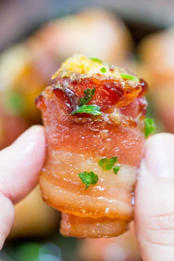 Bacon Wrapped Tater Tot Bombs are an easy appetizer of tater tots and sharp cheddar cheese wrapped in thick cut bacon, rolled in brown sugar and baked.