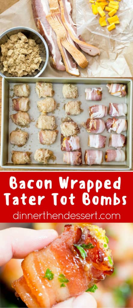 Bacon Wrapped Tater Tot Bombs are an easy appetizer of tater tots and sharp cheddar cheese wrapped in thick cut bacon, rolled in brown sugar and baked. dinnerthendessert.com