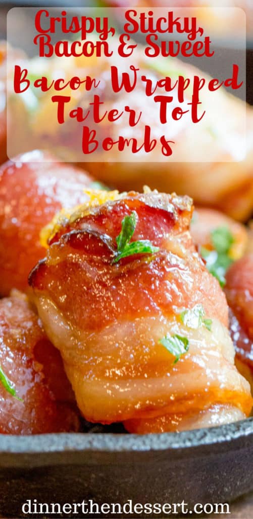 Bacon Wrapped Tater Tot Bombs are an easy appetizer of tater tots and sharp cheddar cheese wrapped in thick cut bacon, rolled in brown sugar and baked. dinnerthendessert.com
