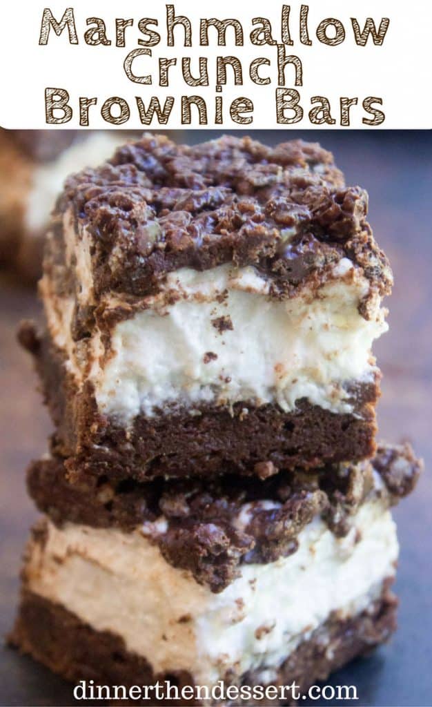 Marshmallow Crunch Brownie Bars are a totally indulgent brownie with three kinds of chocolate, an awesome marshmallow layer and the best brownie base.