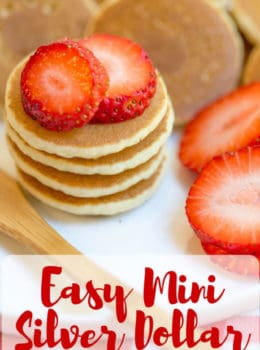 Mini Pancakes, sometimes called Silver Dollar are the easiest quickest little pancake bites that are perfect for parties, brunches, kids and pancake kabobs! dinnerthendessert.com