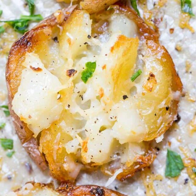 closeup of Parmesan Garlic Crash Hot Potatoes
