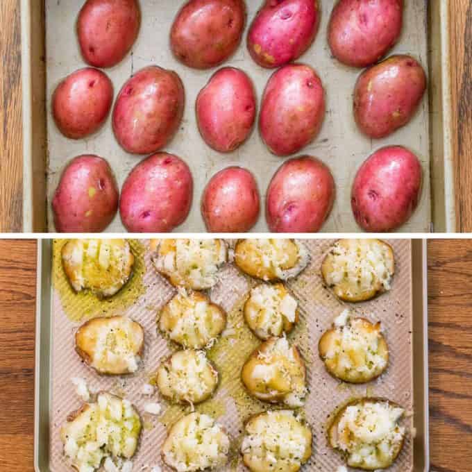 Parmesan Garlic Crash Hot Potatoes are crispy, creamy, cheesy and garlicky. Made in one pan and no boiling necessary, they're the perfect holiday side dish.