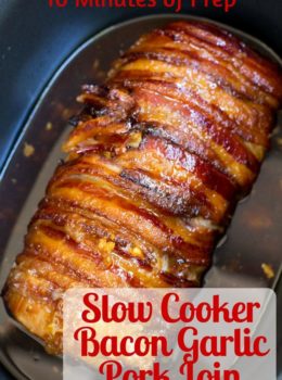 Slow Cooker Bacon Garlic Pork Loin is a take on my most popular recipe, Brown Sugar Garlic Pork made for the slow cooker and with bacon in just 5 ingredients! dinnerthendessert.com