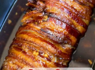 Slow Cooker Bacon Garlic Pork Loin is a take on my most popular recipe, Brown Sugar Garlic Pork made for the slow cooker and with bacon in just 5 ingredients! dinnerthendessert.com