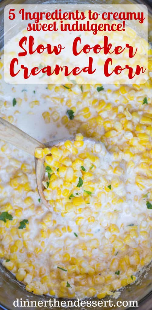 Slow Cooker Creamed Corn is super creamy, made with just a few ingredients and it won't take up any oven space or active cooking time when you're busy preparing for the holidays! dinnerthendessert.com