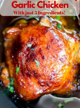 Slow Cooker Honey Garlic Chicken is the perfect weeknight meal with just five ingredients. Full of flavor and easy to make with pantry ingredients and almost no prep!