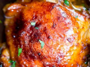 Slow Cooker Honey Garlic Chicken is the perfect weeknight meal with just five ingredients. Full of flavor and easy to make with pantry ingredients and almost no prep!