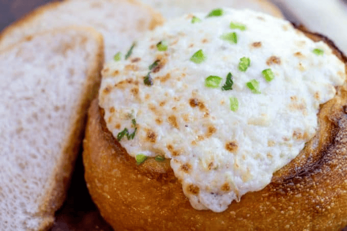 Bubbly, cheesy dip in bread bowl