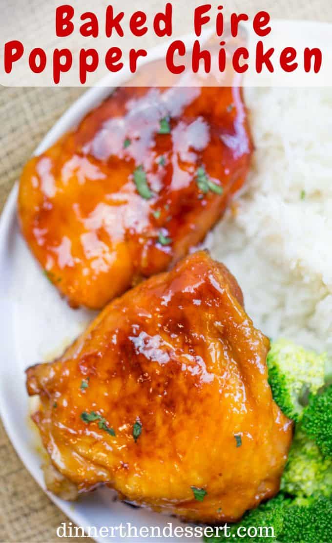 Baked Fire Popper Chicken is made with chicken breasts baked in a glorious honey-brown sugar hot sauce until they're sticky, sweet, spicy perfection!
