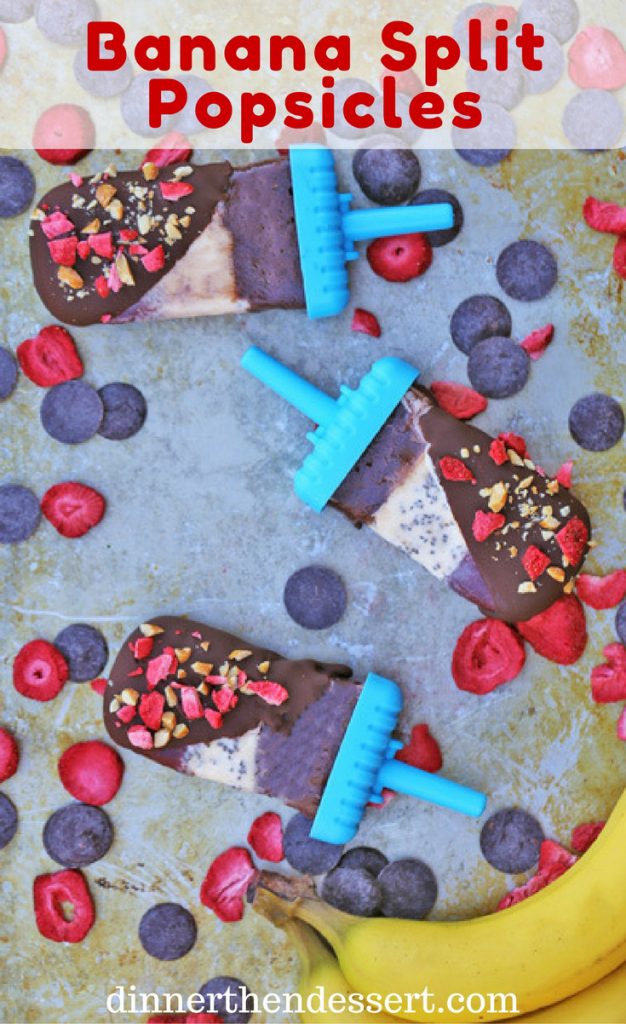 Banana Split Popsicles made with sorbets, chocolate shell and crushed peanuts. A healthy dairy-free take on the classic ice cream shoppe dessert!