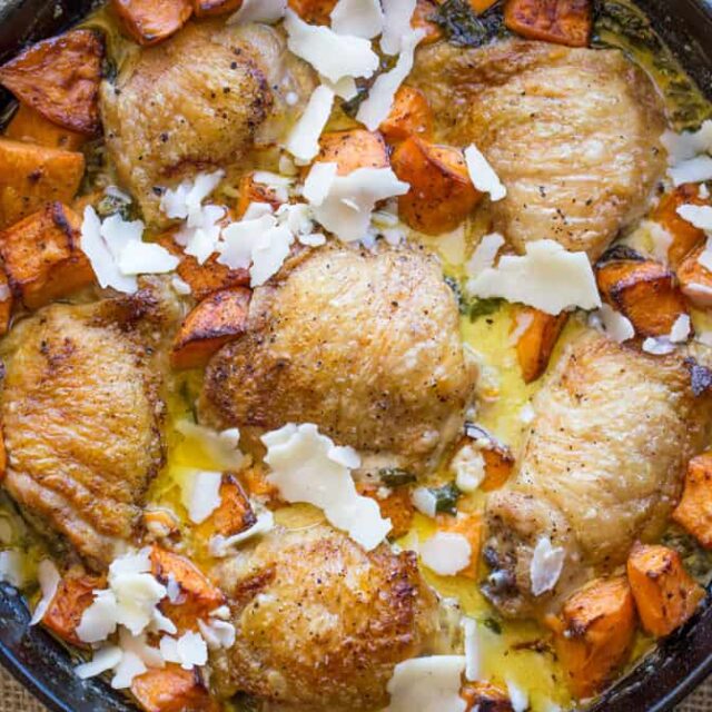 creamy garlic Parmesan chicken with roasted sweet potatoes