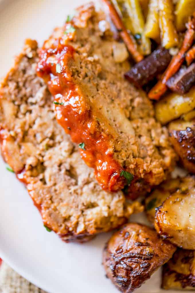 Brown Sugar Meatloaf with tangy ketchup meatloaf topping with vegetables