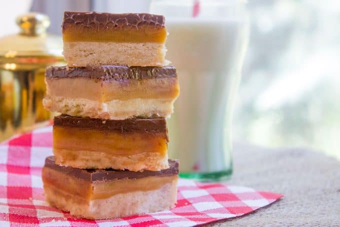 Homemade Twix Bars with a classic shortbread crust, gooey caramel filling and a sweet milk chocolate topping. A perfect homemade candy bar copycat.