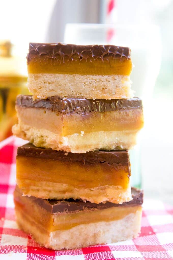 Homemade Twix Bars with a classic shortbread crust, gooey caramel filling and a sweet milk chocolate topping. A perfect homemade candy bar copycat.