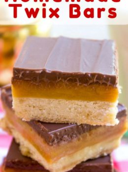Homemade Twix Bars with a classic shortbread crust, gooey caramel filling and a sweet milk chocolate topping. A perfect homemade candy bar copycat.
