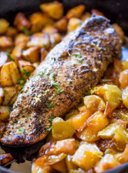 Honey Apple Pork with Potatoes made in a cast iron skillet is the perfect fall meal celebrating honey, apples, roasted potatoes with almost no cleanup and only 7 ingredients.