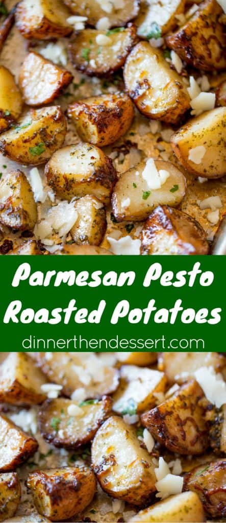 Parmesan Pesto Roasted Potatoes are ready for roasting in minutes with red potatoes, basil pesto, olive oil and Parmesan Cheese. dinnerthendessert.com