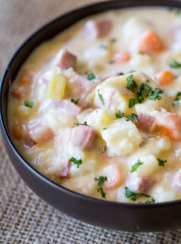 Slow Cooker Ham and Potato Soup that's creamy, full of vegetables and chunks of ham, finished off with milk and sour cream for a easy and delicious hearty soup.