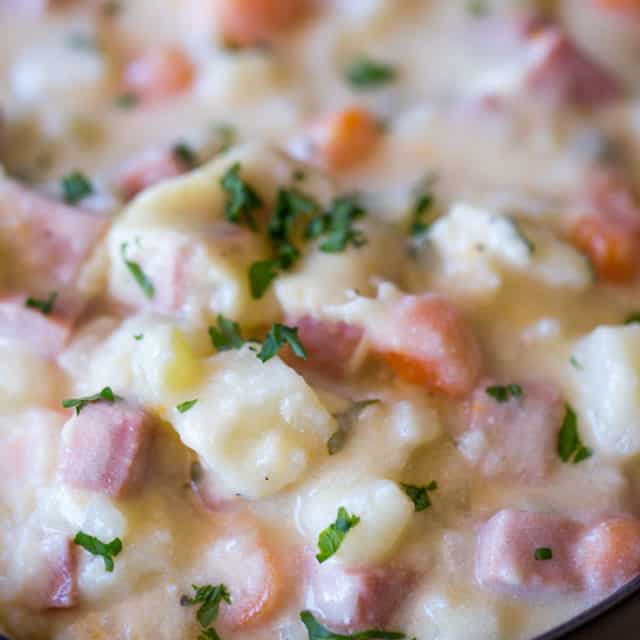 Slow Cooker Ham soup with potatoes in bowl