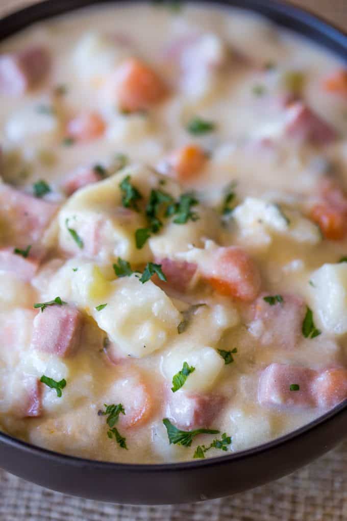 Slow Cooker Ham and Potato Soup that's creamy, full of vegetables and chunks of ham, finished off with milk and sour cream for a easy and delicious hearty soup.