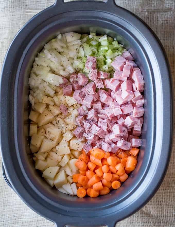 Slow Cooker Ham and Potato Soup ingredients in slow cooker before mixing