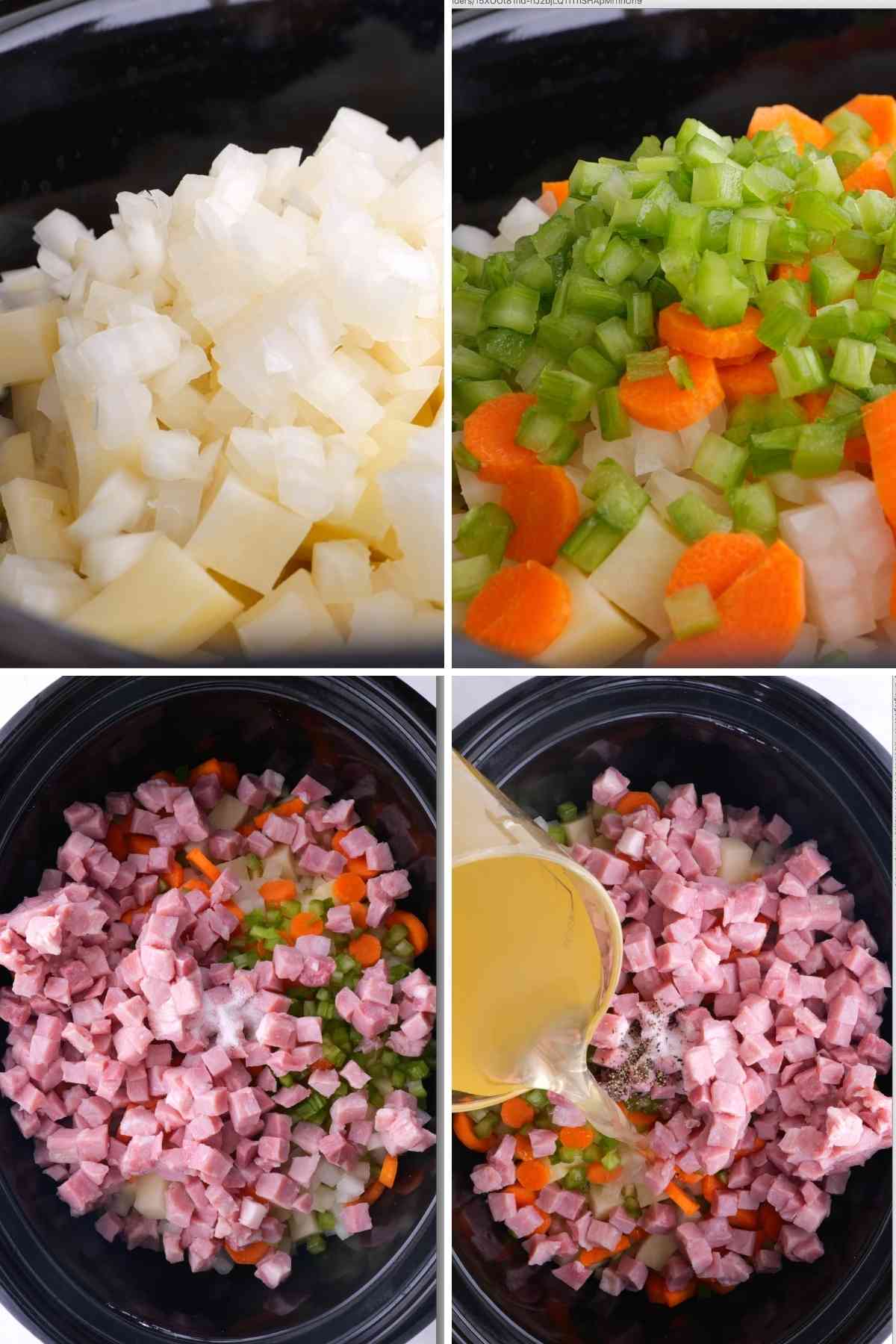 Slow Cooker Ham and Potato Soup collage of prep steps