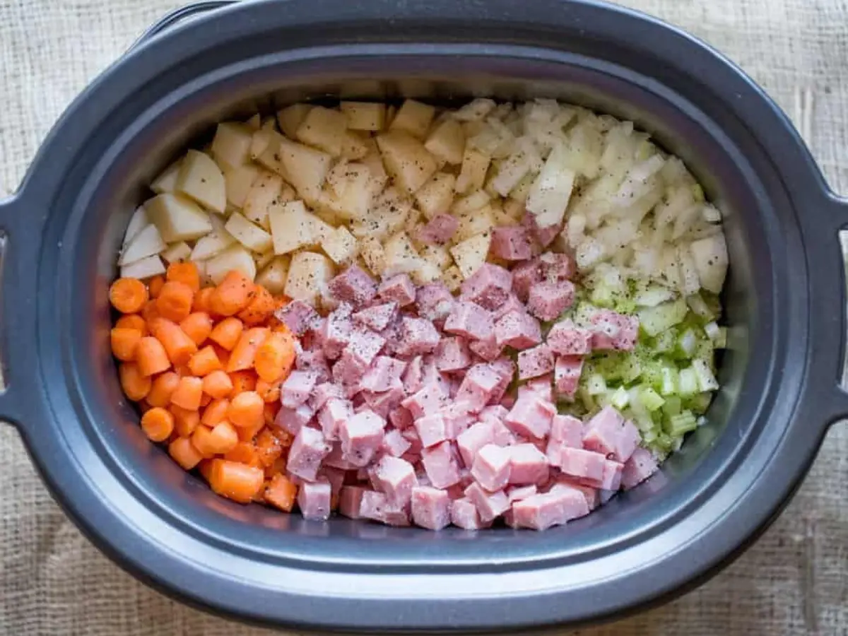 Top view of crock pot with carrots ham, potatoes, onion and celery