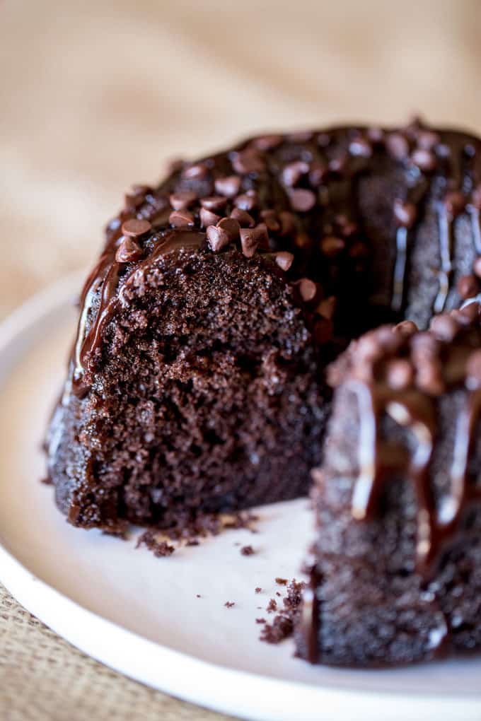 Triple Chocolate Bundt Cake with the richest chocolate cake made from scratch and covered in a dark chocolate ganache and extra chocolate chips.