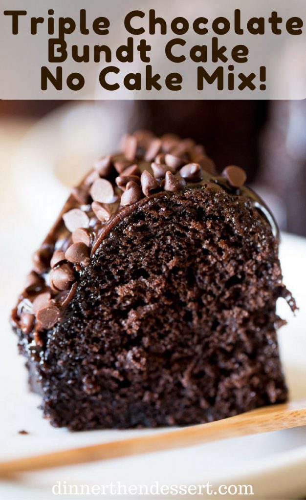 Triple Chocolate Bundt Cake with the richest chocolate cake made from scratch and covered in a dark chocolate ganache and extra chocolate chips.