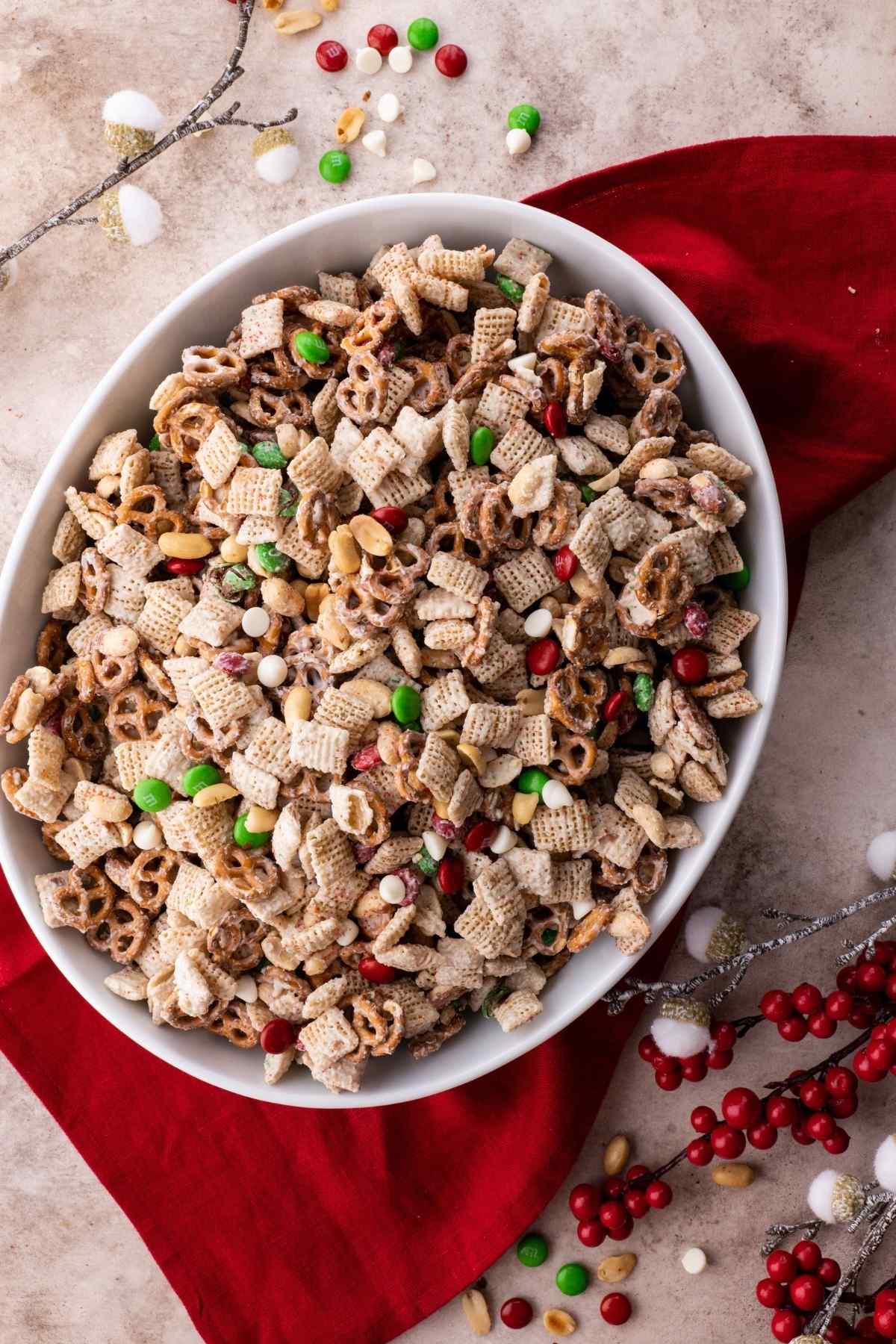 Christmas White Chocolate Trash Mix in serving bowl