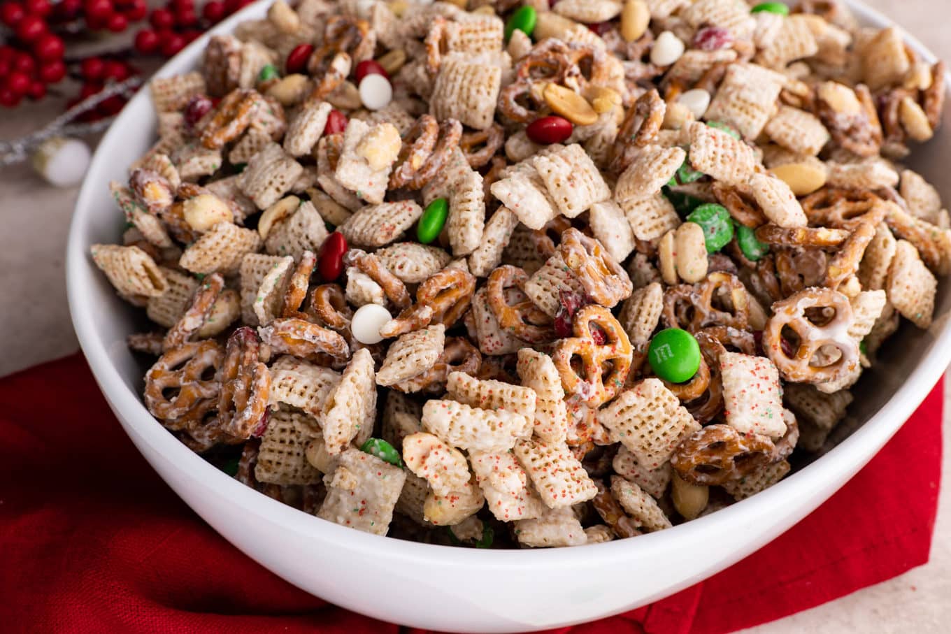 Christmas White Chocolate Trash Mix in serving bowl