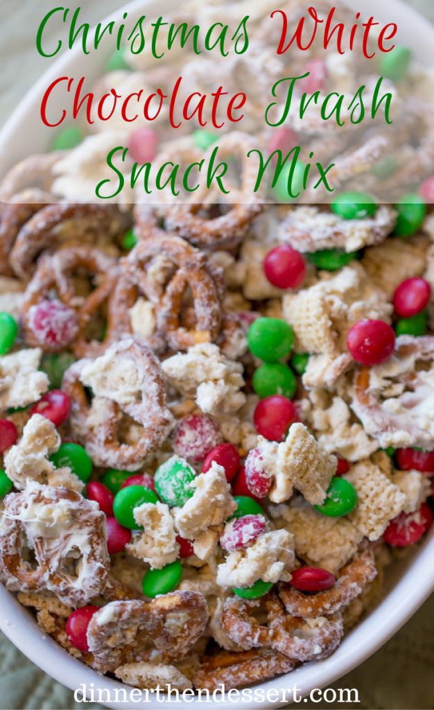 Christmas White Chocolate Trash Snack Mix with pretzels, cereal, peanuts and chocolate coated candies all tossed together with a generous coating of white chocolate.