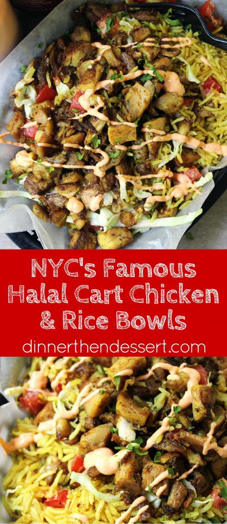 Halal Cart's Middle Eastern Chicken is boldy spiced and served with fragrant Turmeric Rice and spicy yogurt sauce. The perfect copycat of NY cart food.
