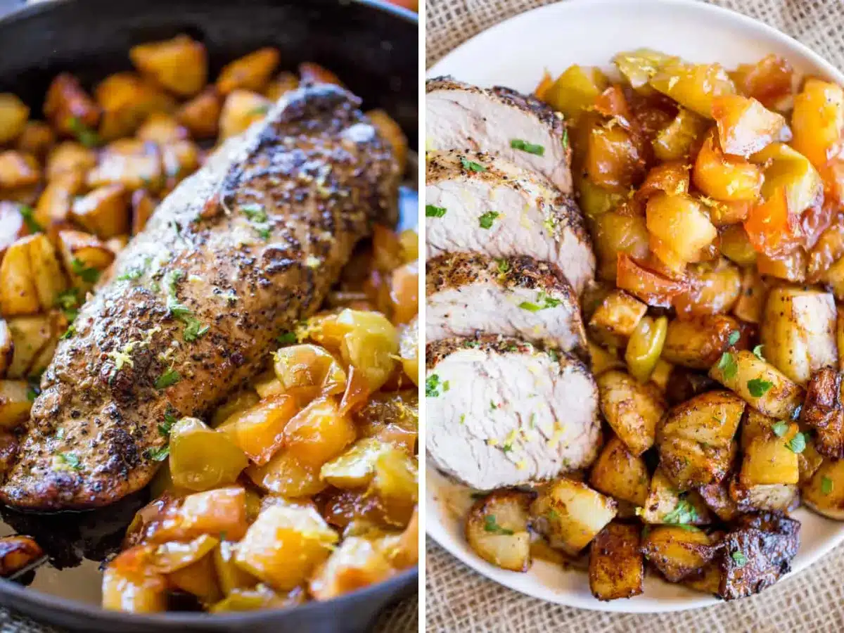 Collage of pork in pan and plated pork and apples 
