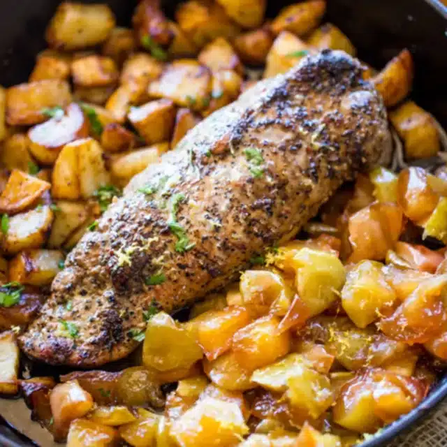 Cooked meat with fruit and vegetable in a pan