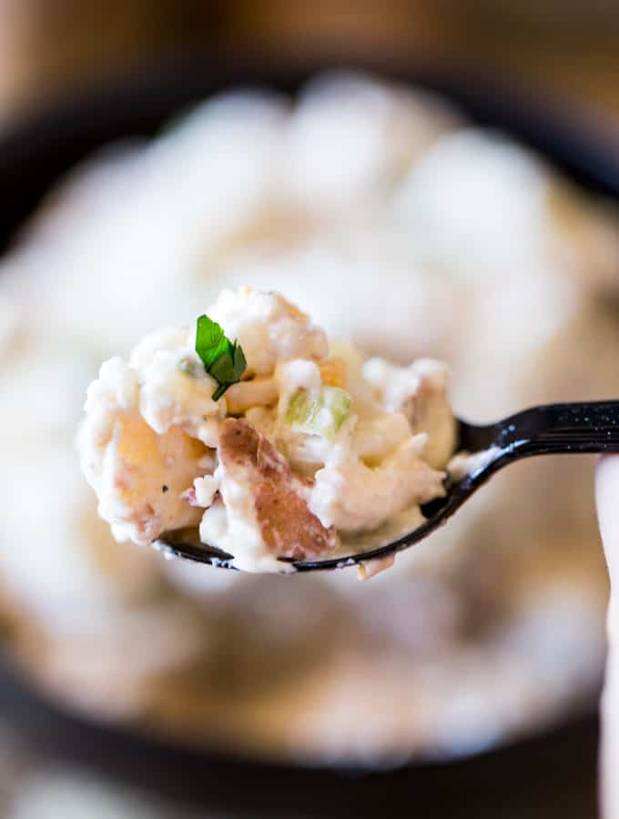 Loaded Baked Potato Salad is cheesy, creamy and ready in just minutes. It makes the perfect side dish to your holiday meal or potluck!