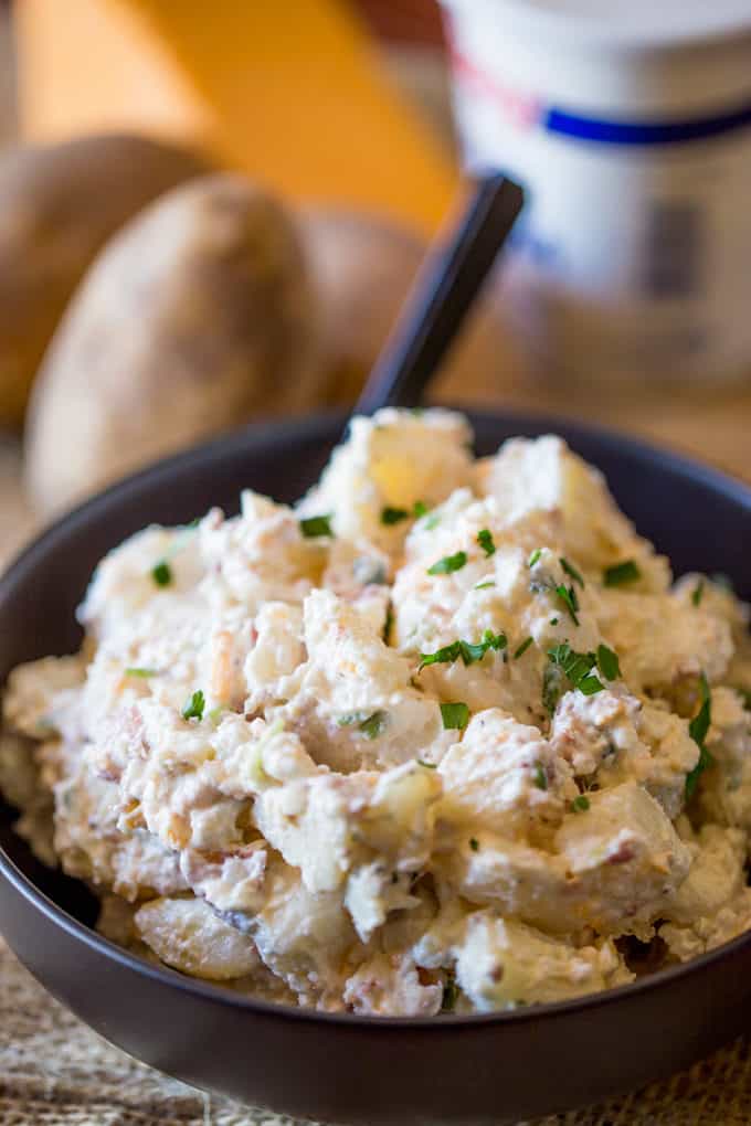 Loaded Baked Potato Salad is cheesy, creamy and ready in just minutes. It makes the perfect side dish to your holiday meal or potluck!