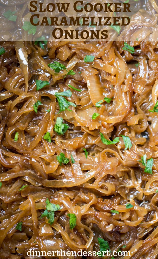 Slow Cooker Caramelized Onions with no babysitting a pan and constantly stirring! Just onions, butter and brown sugar cook until meltingly sweet.