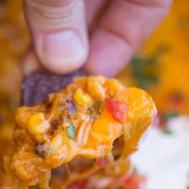 A person holding a chip with dip on it.