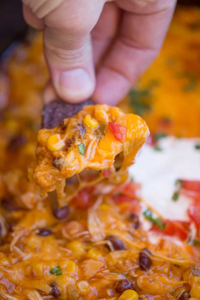 Slow Cooker Chicken Enchilada Dip takes just five minutes of prep with raw chicken, enchilada sauce and veggies topped with a bunch of deliciously melty cheddar cheese.