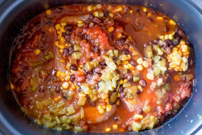 Slow Cooker Chicken Enchilada Dip takes just five minutes of prep with raw chicken, enchilada sauce and veggies topped with a bunch of deliciously melty cheddar cheese.